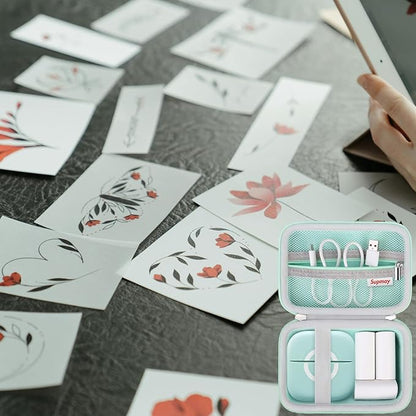 Hard Travel Case for Cabaro Mini Printer Sticker Thermal Printer, Bluetooth Portable Phone Printer Storage Holder Protection Case with Zipper Mesh Pocket fit Rolls Paper, Charging Cable, Green