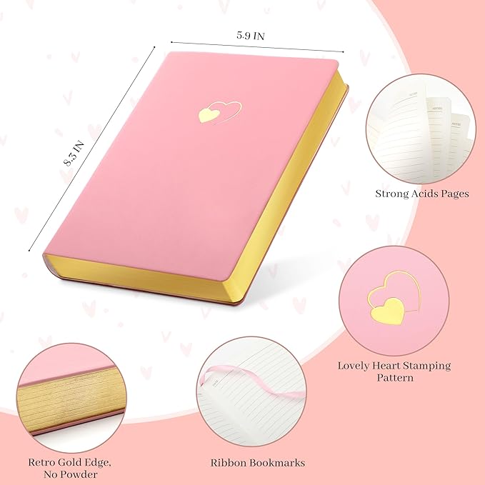 CAGIE Pink Journal for Women 256 Pages Cute Diary with Heart-Shaped Leather Journals for Writing A5 Soft Cover Journaling Notebooks for Work School (03 Pink, A5)