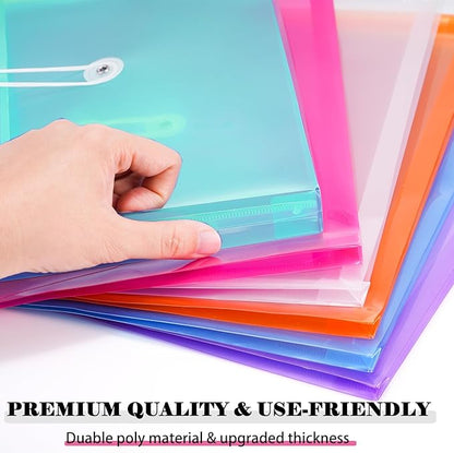 A4 Letter Size Plastic Poly Envelopes with Button and String Tie Closure, 1-1/4" Expansion Clear File Folders Side Loading Documents Organizer for Home School and Office Supplies (6)