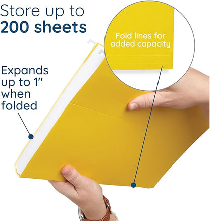 25 Blue Summit Supplies Yellow Legal Size Hanging File Folders - Durable 11pt Paper, Hanging Legal File Folders Yellow with Plastic Tabs and Inserts, Legal Size Filing, Hanging Legal Size File Folders