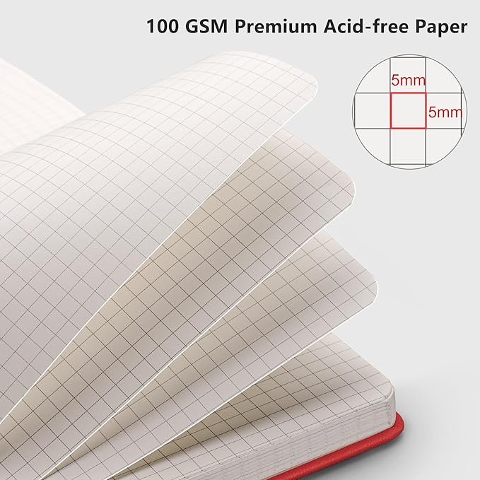 RETTACY Graph Paper Notebook, A5 Grid Notebook Journal with 192 Pages, 5.7'' × 8.3'', Medium Size, Leather Hardcover, 100 GSM Thick Paper, for Students, Homework, Math, Engineering (Red)