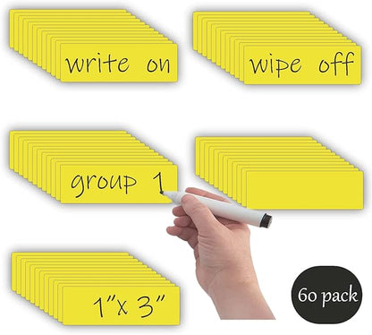 Dry Erase Magnetic Labels (1x3",Pack of 60),Write On Magnets Sticker,Real Waterproof/Reusable for Classroom&Office&Cabinet&whiteboard&Fridge&More (Yellow)