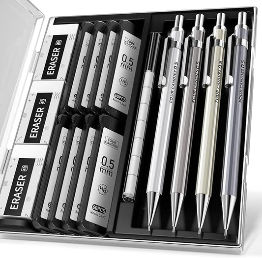 Four Candies 0.5mm Mechanical Pencil Set with Case - 4PCS Metal Mechanical Pencils, 8 Tubes HB #2 Lead Refills, 3PCS 4B Erasers and 9PCS Eraser Refills, Lead Mechanical Pencils for Writing & Drawing
