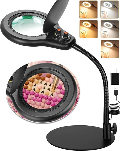 10X Magnifying Glass with Light and Stand, Flexible Gooseneck LED Lighted Desk Lamp with Dust Cover, Modes Stepless Dimming, Hands Free Magnifier for Craft Painting Hobby Reading