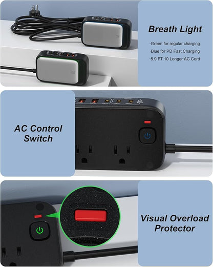 7-in-1 Power Strip, PD GaN 65W USB C Power Strip with 3 USB-C, 2 USB-A Ports and 2500W AC Outlet, Flat Plug Sleek Socket Essentials for Home/Office/College/Travel (Pearl Black, 65W)