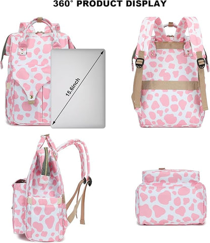 Cow Print Laptop Backpack College School Backpack Bookbags Nurse Backpacks Travel Bags for Women Girls Fits 15.6 Inch Notebook (Pink)