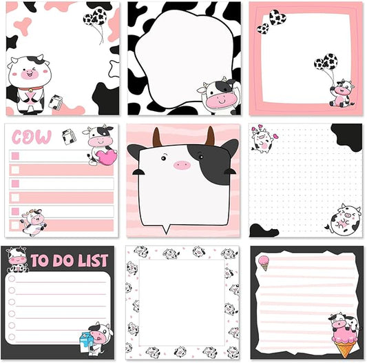 9 Pads Cute Sticky Notes Cartoon Animal Self Stick Notepads 3x3 Inches Notes Adhesive Memo Pad Office Decor Gifts for Students School Office Meeting(Cow)