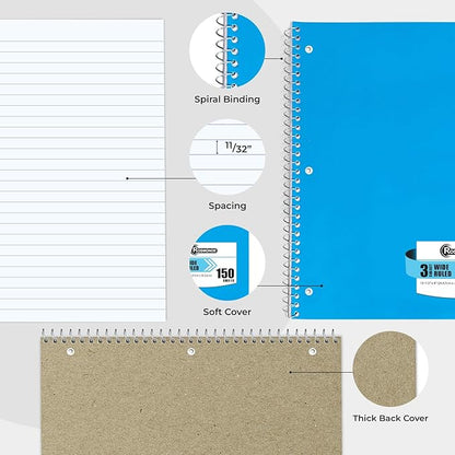 36 Pack 3 Subject Spiral Notebook Wide Ruled Bulk, Thick Paper, Extra Pages - 300 Pages (150 Sheets), 8 x 10-1/2", Bulk Spiral Journal for School, 3 Hole Punched, Bulk Subject Notebooks