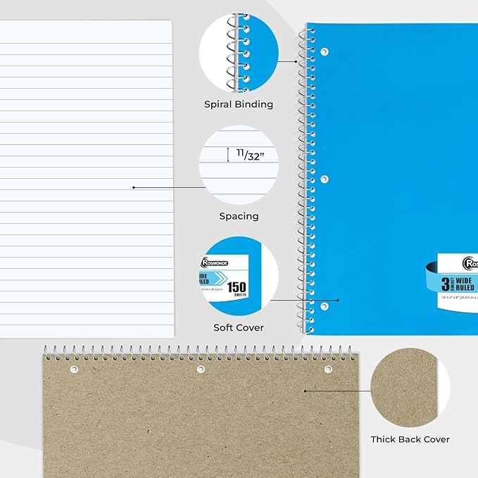 3 Subject Notebook Wide Ruled, 6 Pack, Long Lasting, Extra Pages - 300 Pages (150 Sheets), No-Bleed Thick Paper, 3 Hole Punched, 8x10-1/2, 3 Subject Spiral Notebook for School, Home & Office