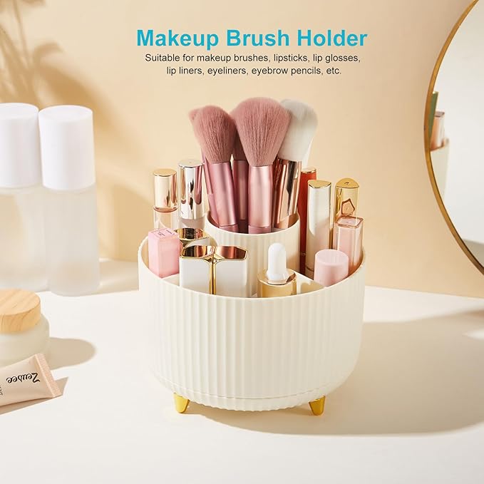 Desk Pencil Pen Holder, 5 Slots 360 Degree Rotating Pencil Pen Organizers for Desk Desktop Storage Stationery Supplies Organizer Cute Pen Cup for Office School Home Art Supply Cream Yellow