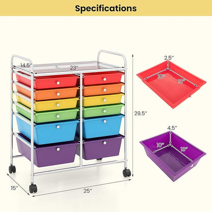 Giantex 12-Drawer Rolling Storage Cart, Multipurpose Movable Organizer Cart, Utility Cart for Home, Office, School (Multicolor)