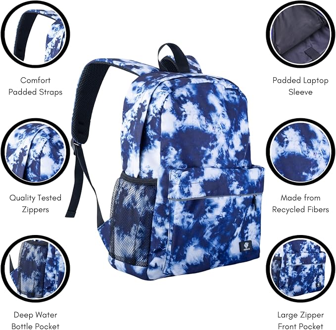 Fenrici Tie Dye Backpack for Boys, Girls, Blue Backpack for Kids, Bookbag with Padded Laptop Compartment, Blue Tie Dye, Indigo Blue, 16 Inch