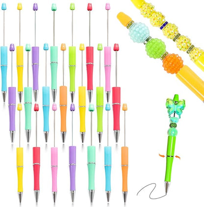 30 Pieces Beadable Pens - Beaded Pens Sweet Plastic Diy Black Ink Ballpoint Pens Bulk - Bead Pens Suitable For Teacher, Students, Office, School, Graduation Gift Supplies