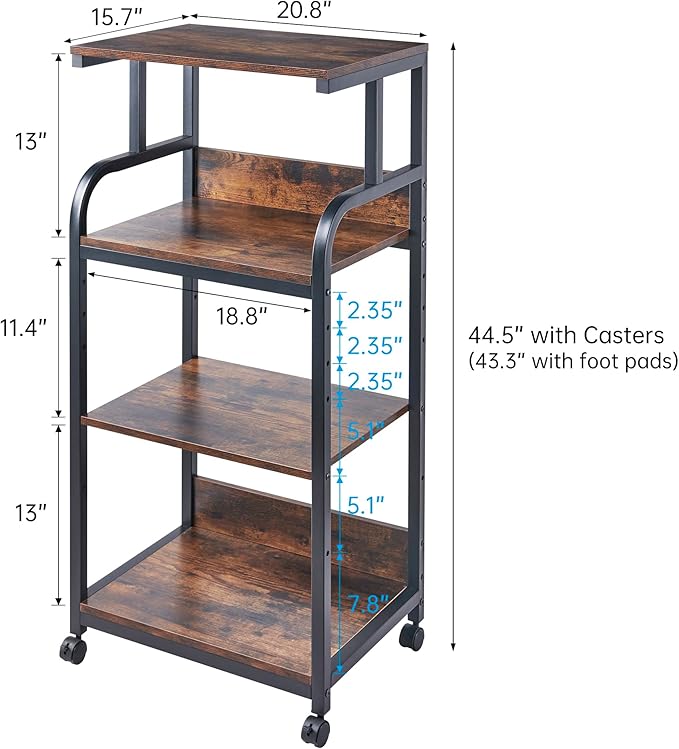 4-Tier Printer Stand with Adjustable Storage Shelf, Large Tall Printer Table with Wheels for Home Office Small Spaces Organization, Rustic Brown