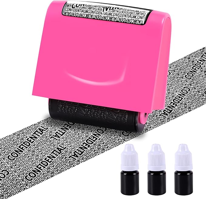 Identity Theft Protection Roller Stamp - Wide Confidential Roller Stamp with 3 Pack Refill Inks for Anti Theft Protection, Confidential Privacy Security, Address Blocker (Rose Pink)