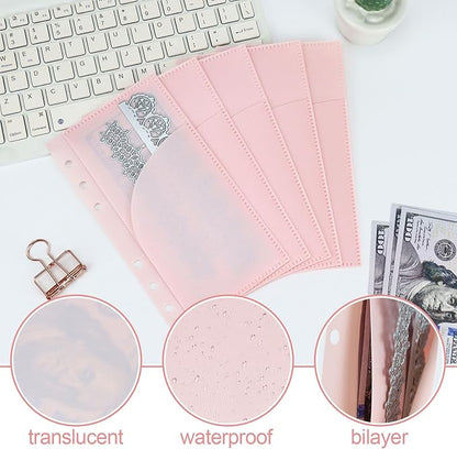A6 Binder Pockets with No Zipper, Koqye Pink 10 Pcs Plastic Zipless Budget Envelopes, Two Pockets Frosted Cash Envelopes Money Bag for Budgeting, Cash Stuffing
