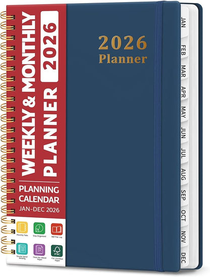 2026 Planner, Weekly and Monthly Calendar Planner, January 2026 - December 2026, Hardcover 2026 Calendar Planner Book with Tabs For Women & Men, Inner Pocket, Spiral Bound, Perfect for Office Home School Supplies - A5 (6.3" x 8.5"), Navy