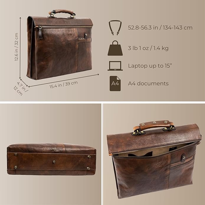 Time Resistance Leather Briefcase Laptop Bag for Men and Women from Full Grain Italian Leather