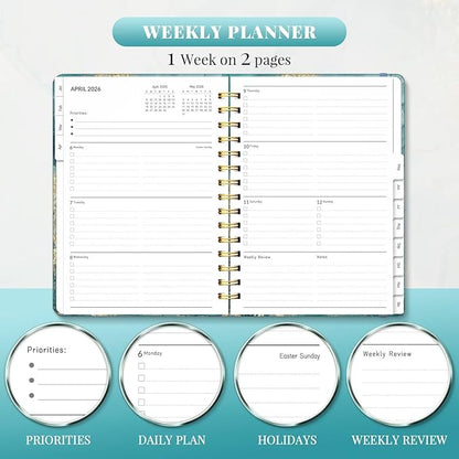 2026 Planner, A5 Weekly and Monthly Planners with Tabs, Spiral Bound Daily Calendar 2026 Planner, Agenda Organizers from Jan. to Dec., Hardcover Habit Tracker Journal 6.18" x 8.5"(Grey Marble)