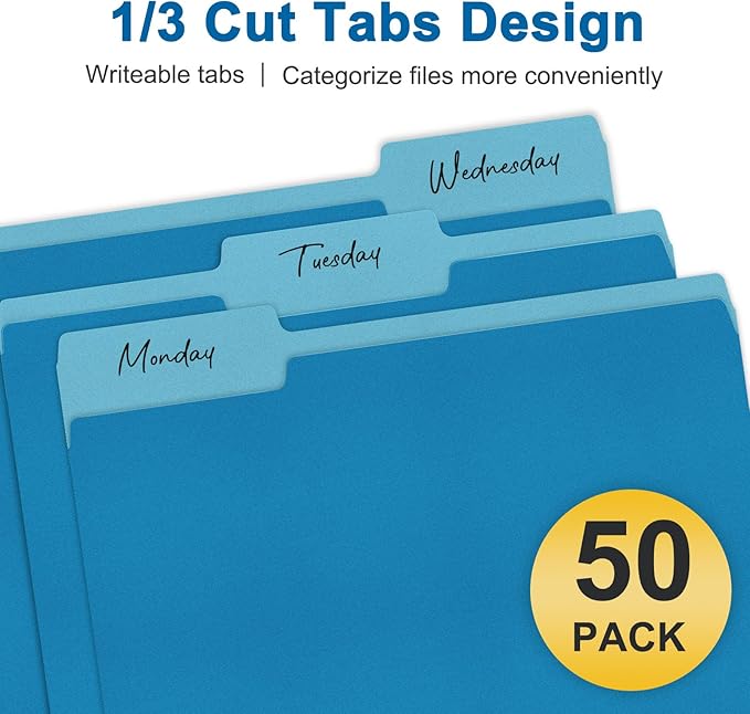 ViVin File Folder, 50 Pack Colored File Folders with 1/3-Cut Tabs, Fits 8.5 * 11 Letter Size Paper, Manilla Folders for Home Office School Documents(Blue)