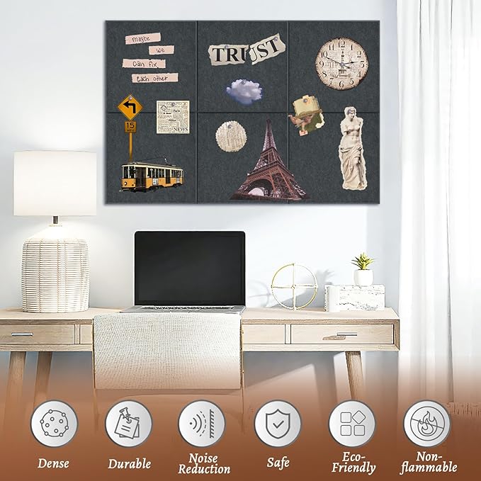 Large Cork Board for Walls with 30 Push Pins-24"X36", Easy to Peel&Stick Vision Bulletin Board Tiles, Black Poster Felt Board Supplies Set Home Office Classroom Corkboard Decor Self Adhesive