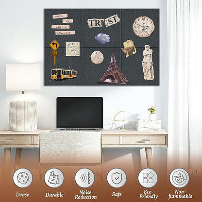 Large Cork Board for Walls with 30 Push Pins-24"X36", Easy to Peel&Stick Vision Bulletin Board Tiles, Black Poster Felt Board Supplies Set Home Office Classroom Corkboard Decor Self Adhesive