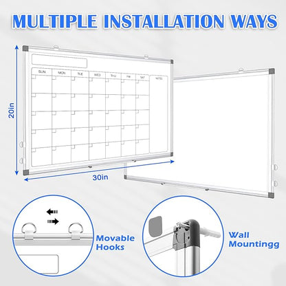 Monthly Calendar Dry Erase Whiteboard for Wall, 30" x 20" Double-Sided Large Calendar White Board, Magnetic Portable Hanging Board for Office, Home, School