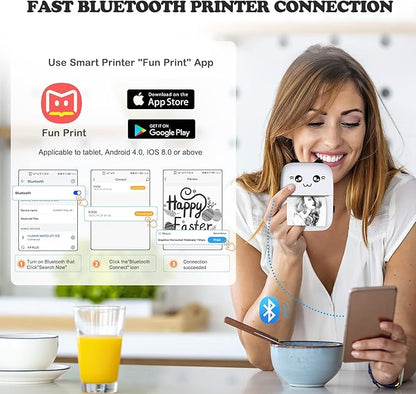 Mini Printer, Thermal Printer Sticker Maker with 10 Rolls Paper, Portable Pocket Printer for Notes, Journal, Fun, Work, Receipt Printer for Kids, Compatible with iOS&Android