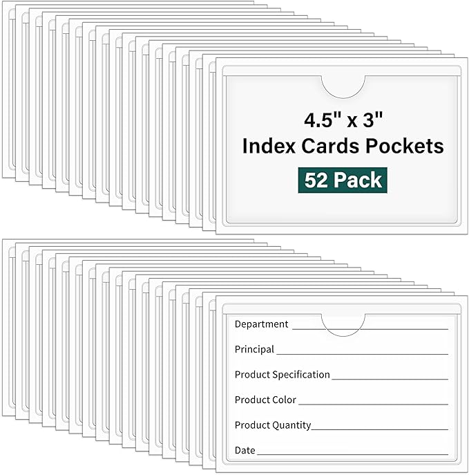 52 Pack Index Card Pockets with Top Open, 4.5 x 3 Inch Adhesive Label Pockets Clear Plastic Index Card Holder for Organizing, Storage Bins, Library Cards, Notes