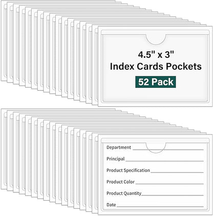 52 Pack Index Card Pockets with Top Open, 4.5 x 3 Inch Adhesive Label Pockets Clear Plastic Index Card Holder for Organizing, Storage Bins, Library Cards, Notes