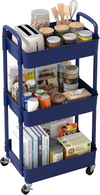 Sywhitta 3-Tier Plastic Rolling Utility Cart with Handle, Multi-Functional Storage Trolley for Office, Living Room, Kitchen, Movable Storage Organizer with Wheels, Blue