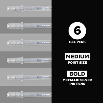 SAKURA Gelly Roll Metallic Gel Pens - Pens for Scrapbook, Journals, or Drawing - Metallic Silver Ink - Medium Line - 6 Pack