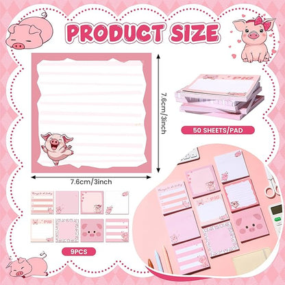 9 Pads Cute Sticky Notes Cartoon Animal Self Stick Notepads 3x3 Inches Notes Adhesive Memo Pad Office Decor Gifts for Students School Office Meeting(Piggy)