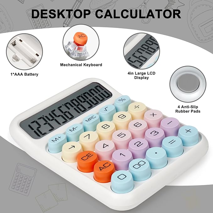 Mechanical Switch Calculator with Big Buttons, Calculators Desktop, 12 Digits, Large LCD Display, Desk Calculator, Cute Pink Calculator for Teachers Students Basic Office (White)
