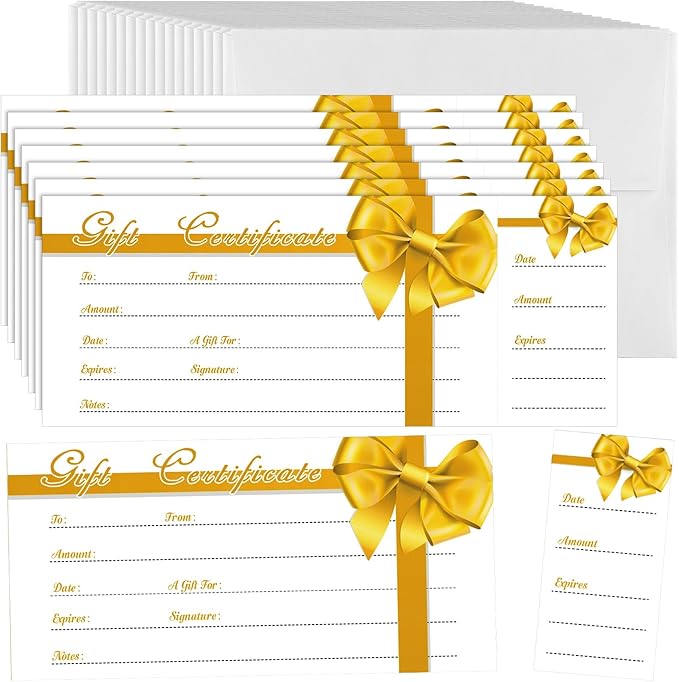 Sinmoe 50 Sets Gift Certificate for Business with 50 Pcs Envelopes Blank Gift Certificate Cards with Name and Address Rustic for Beauty Salon Restaurants Birthday(4.72 x 2.36 Inch, Gold Ribbon)