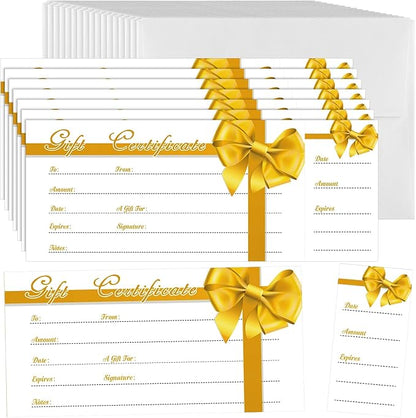Sinmoe 50 Sets Gift Certificate for Business with 50 Pcs Envelopes Blank Gift Certificate Cards with Name and Address Rustic for Beauty Salon Restaurants Birthday(4.72 x 2.36 Inch, Gold Ribbon)