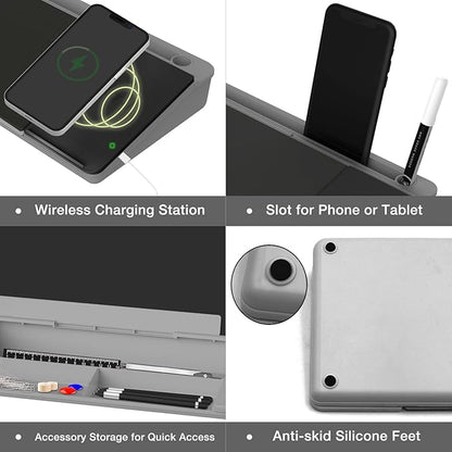 TOWON Black Desk Dry Erase Board with Charger Pad, Small Glass Desktop Whiteboard, Desktop whiteboard - Glass Dry Erase White Board- Desk Computer Buddy for Home Office Supply, 17 x 6 in