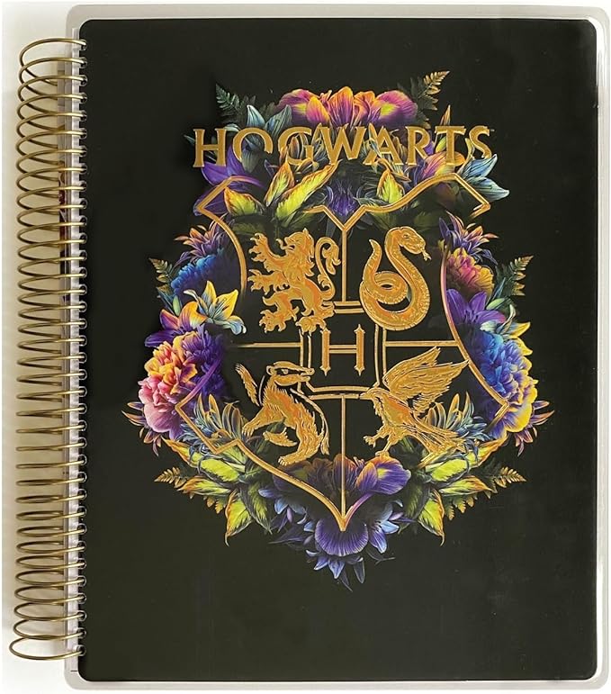 Paper House Productions Harry Potter 12 Month Undated 9.5" Planner with Month and Event Flag Stickers - Floral Hogwarts Crest