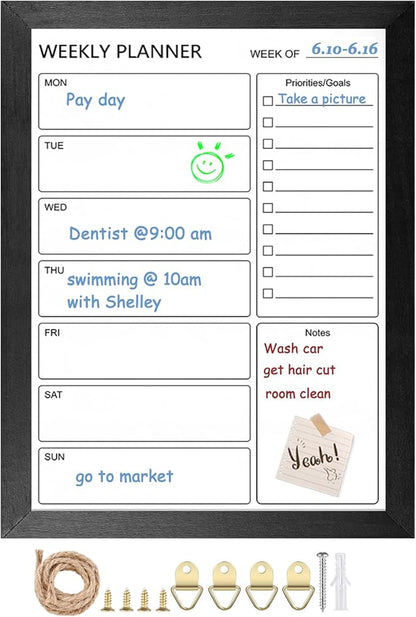 Dry Erase White Board Weekly Calendar Board, Magnetic Whiteboard for Wall,13“x17 Solid Wood Black Framed Message Board, Planner Board for Office, Home, School（Weekly-BB-BK-3343