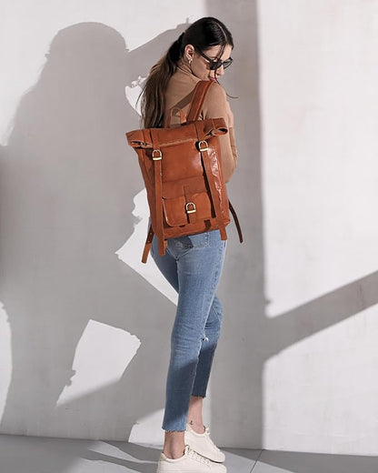 Genuine Leather Backpack for Men & Women, Rolltop Laptop Bookbag, Vintage Back Pack Rucksack for work & travel, Brown (Tan)