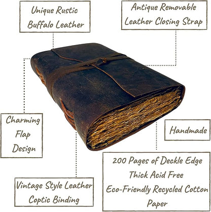 Vintage Leather Journal - 200 Pages Deckle Edge Rustic Paper - Unlined Pages Book of Shadows, Grimoire, Junk Notebook, Fantasy Medieval Gifts, Sketchbook, Antique Scrapbook (12"x9")