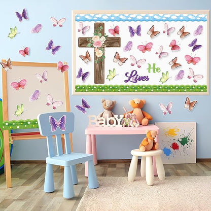 B1ykin 90Pcs Spring He Lives Floral Cross Bulletin Board Decoration Set, Watercolor Butterfly Name Tags Cutouts, Spring Christian Bible Jesus Resurrection Bulletin Boarders for Sunday School Classroom