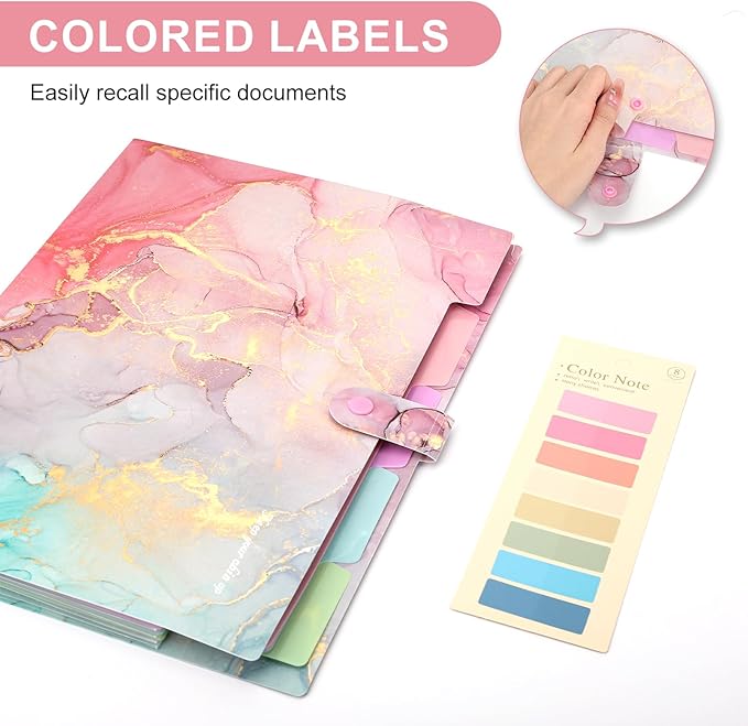 Ddaowanx Expanding File Folder, Letter A4 Size Accordion Plastic File Organizer, 5 Pocket Folders for Documents, Aesthetic Folder with Labels, Paper Organizer for School Office (Purple Marble)