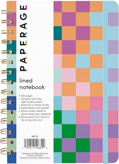 PAPERAGE Lined Spiral Journal Notebook, (Checkered Rainbow), 160 Pages, Medium 5.5 inches x 8 inches - 100 GSM Thick Paper, Hardcover, Double-Wire Spiral Journal & Notebook