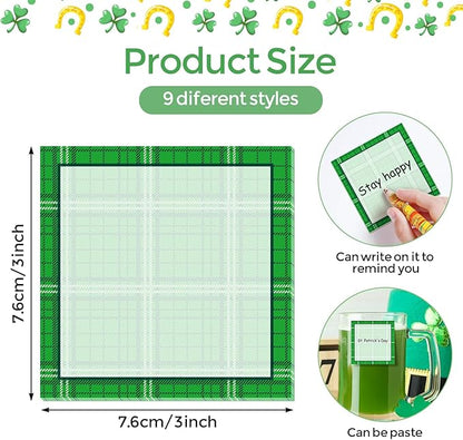 9 Pieces St. Patrick's Day Plaid Sticky Notes Green St. Patrick's Day Plaid Note Pads Self-Adhesive Irish Memo Notes for School Office Home Supplies Students Teachers Present St. Patrick's Day