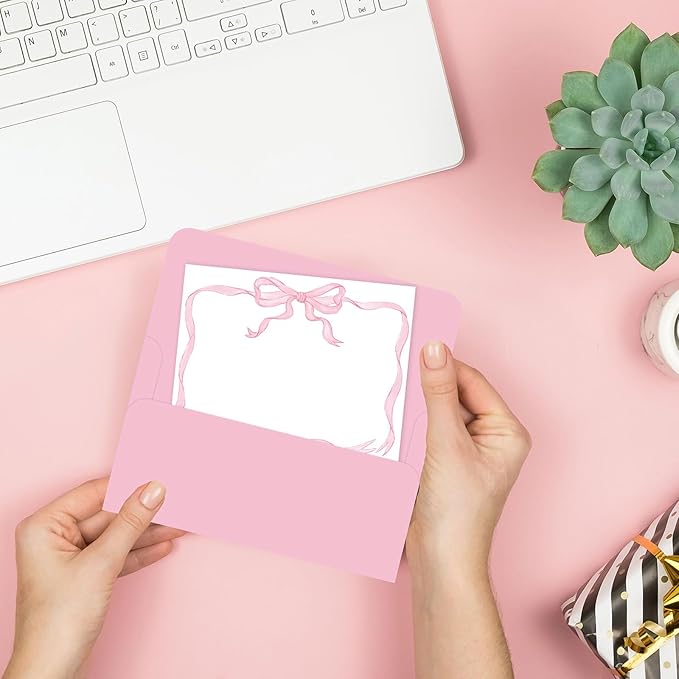 24 Pack Bow Stationery Cards with Envelops Blank Thank You Note Cards Cute Pink Ribbon Bow Plaid Greeting Cards for Wedding Birthday Bridal Baby Shower