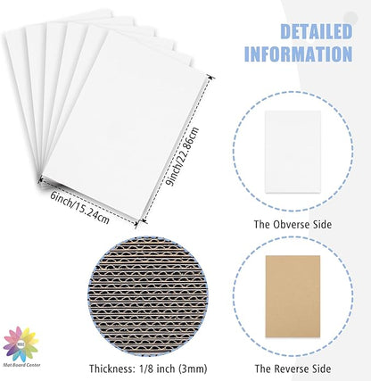 Mat Board Center, 25 pack 6x9 Corrugated Cardboard sheet, 1/8 inch thick, Flat Cardboard Inserts for Mailing, Packaging & Shipping, Cardboard Backing, Craft Card Board (White on one side)