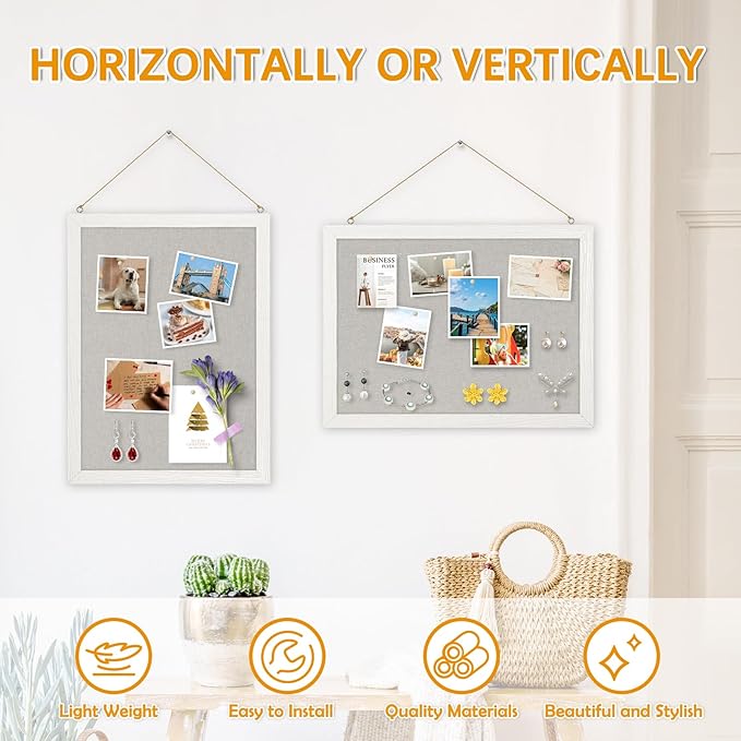 DOLLAR BOSS Cork Boards with Linen 2-Pack 16''X 12'' Cork Board for Walls White Wood Framed Small Bulletin Board Hanging Pin Board for Home Kitchen Office Decoration 20 Pushpin, Grey