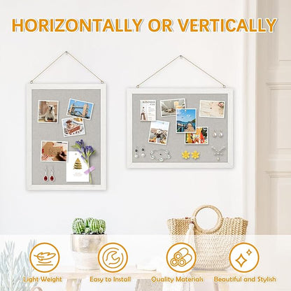 DOLLAR BOSS Cork Boards with Linen 2-Pack 16''X 12'' Cork Board for Walls White Wood Framed Small Bulletin Board Hanging Pin Board for Home Kitchen Office Decoration 20 Pushpin, Grey