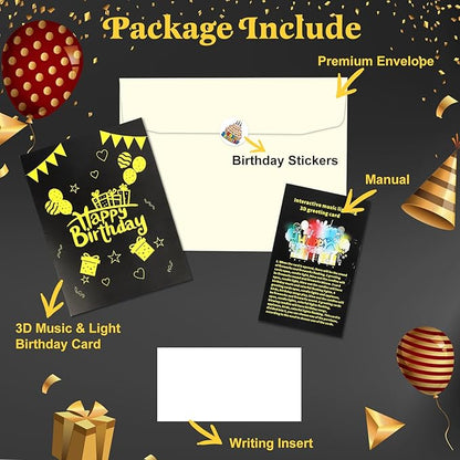 3D Pop-Up Birthday Card with LED Lights & Blowable Candle – Interactive Music Greeting Card for Women, Men, Kids Black